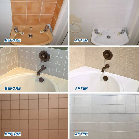 Before and after images showing DIY Tub And Tile Refinishing Kit With Tools For Porcelain Enamel Ceramic Tile And Bathtub Makeover White 35 Oz Semi Matte Finish For Fiberglass Plastic Acrylic Stone And Enamel Cast Iron results