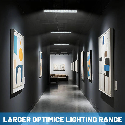 Gallery hallway with modern art illuminated by Two Pack 40W LED Shop Lights Daylight White 6000K 4800 Lumens.