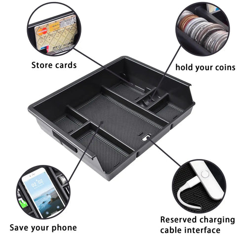 Center Console Organizer Tray For Full Console With Bucket Seats Fits 2014 2018 Chevy Silverado GMC Sierra 1500 And 2015 2019 Silverado Sierra 2500HD 3500HD Storage Compartment showing sections for cards, coins, and phone