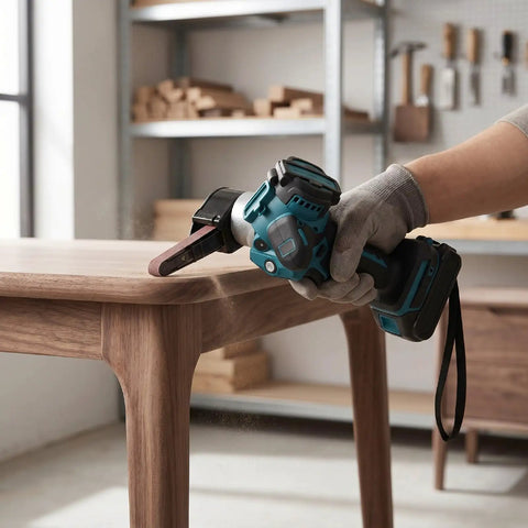 User demonstrating Badass Cordless Belt Sander Packs Brushless Motor To Crush Rust And Polish Wood Super Smooth No Cord Tangles 1700 Rpm on wood.