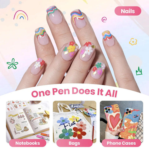 Decorative nails with 12 Color Nail Art Pens Set With 0.5mm Fine Tip For Precise Lines And Quick Air Drying Acrylic Markers.