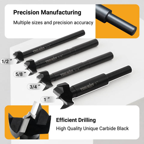 Heavy Workhorse Forstner Drill Bits For Woodworking, 3/4 Inch High Carbon Steel Round Noses showing different sizes for accurate drilling.