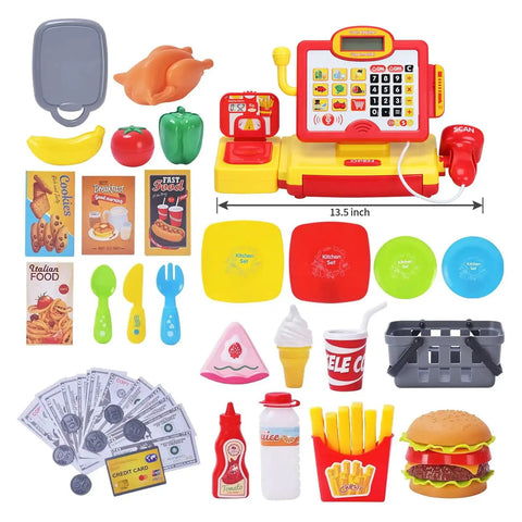 Pretend Play Cash Register Toy With Barcode Scanner Calculator Microphone Play Food And Supermarket Checkout Gear For Kids Ages 3 4 5 6 8 Awesome Gift For Boys And Girls, showing colorful accessories and play food.