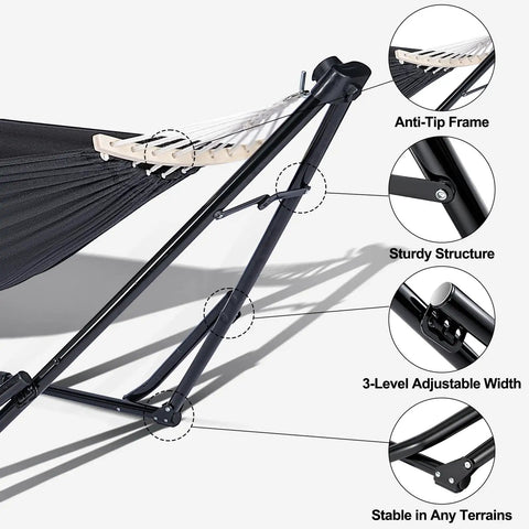 Detailed view of the steel frame with anti-tip design, supports Two In One Hammock And Swing Chair For Teens, stable on various terrains.