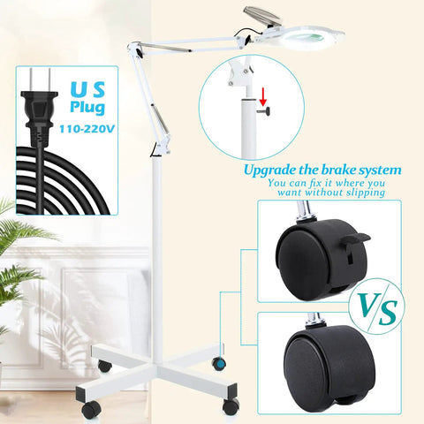 10X Magnifying Floor Lamp With 4 Wheel Rollable Base, 2200 Lumens LED, adjustable stand, swivel arm, US plug, white