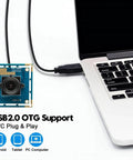1080P USB Camera Module With Plug And Play Setup connected to a laptop, showcasing USB 2.0 OTG support and compact design.