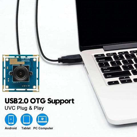 1080P USB Camera Module With Plug And Play Setup connected to a laptop, showcasing USB 2.0 OTG support and compact design.