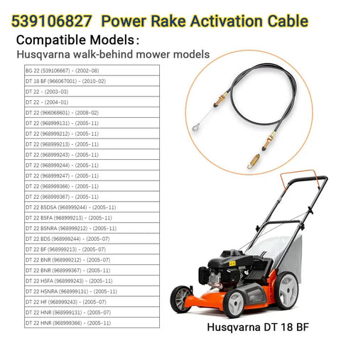 Power Rake Activation Cable Replacement For Husqvarna BG22 DT18 DT22 Dethatcher 46.5 Inch with listing of compatible models and mower