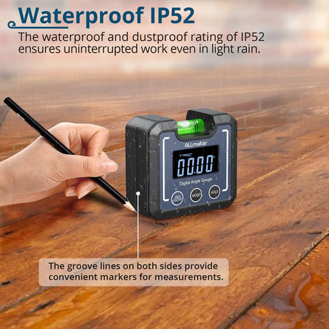 Heavy Duty Digital Angle Finder And Smart Inclinometer With Rock Solid Magnetic Base And Bright Backlight Display Accurate To Point One Degree Flawless For Woodwork And Fab Jobs measuring angles on a wet wooden surface.