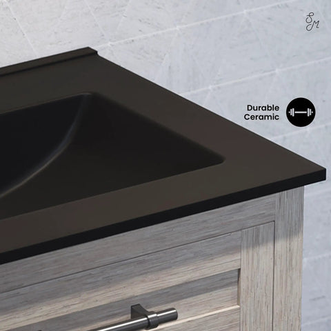 Close-up of 24 Inch Ceramic Vanity Top Matte Black With Top Mount Sink Bowl Single Faucet Hole Scratch Resistant Non Porous Surface