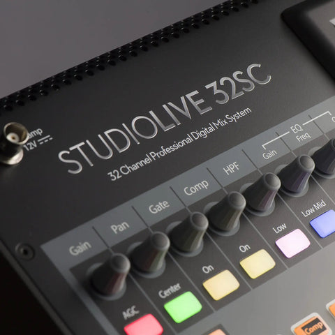 Close-up of StudioLive Series III 32SC Digital Console Mixer Gig-Ready For Live Sound And Mobile Setups controls and knobs