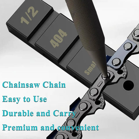 Pro Grade Chainsaw Chain Breaker Kit With 12 Repair Straps, showing 1/2 and 404 chain sizes on metal tool.