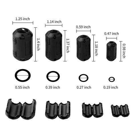 20 Pack Ferrite Ring Core EMI RFI Noise Suppressor Clips For Cables, 4 sizes 5/7/9/13 mm, black plastic cover, dimensions shown