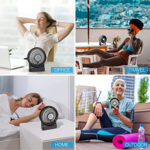 Different uses of the 4.9 Inch Mini Desk Fan With 3 Speed Settings, Rechargeable Battery Or USB Powered, LED Light.