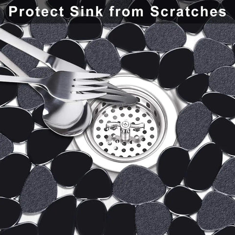 Pebble Kitchen Sink Mats Set Black 2 Pack PVC Sink Protectors for Stainless Steel showing pebble design around a drain