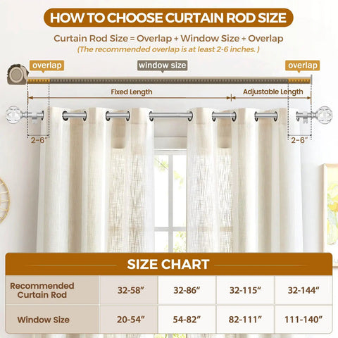 Diagram showing curtain rod size guide with 1 Inch Curtain Rod Set For Windows 32 To 58 Inches Telescoping Silver Rods With Sparkly Acrylic Crystal Finials