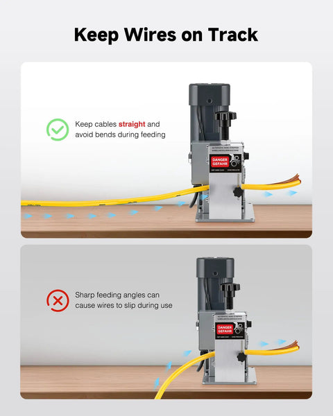 Diagram showing 250W Automatic Wire Stripper Machine With Adjustable Speed For 0.06 To 1.18 Inch Cables feeding cables straight