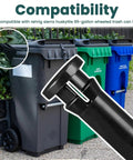 Two Pack Wheelie Trash Can Lid Hinge Pins Replacement For Rehrig Sierra Huskylite 95-Gallon Bins displayed with trash cans
