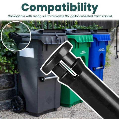 Two Pack Wheelie Trash Can Lid Hinge Pins Replacement For Rehrig Sierra Huskylite 95-Gallon Bins displayed with trash cans