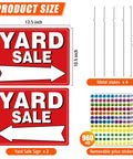 Two red yard sale signs with white YARD SALE text and arrows; includes four metal stakes and 960 price stickers