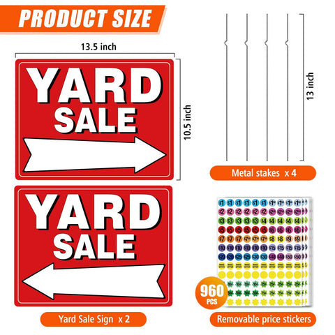 Two red yard sale signs with white YARD SALE text and arrows; includes four metal stakes and 960 price stickers