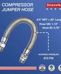 Heavy Duty 3/4 Inch Jumper Hose For Air Compressor 20 Inches Long With Swivel NPT To BSPP Adapter 870 PSI visible on blue background.