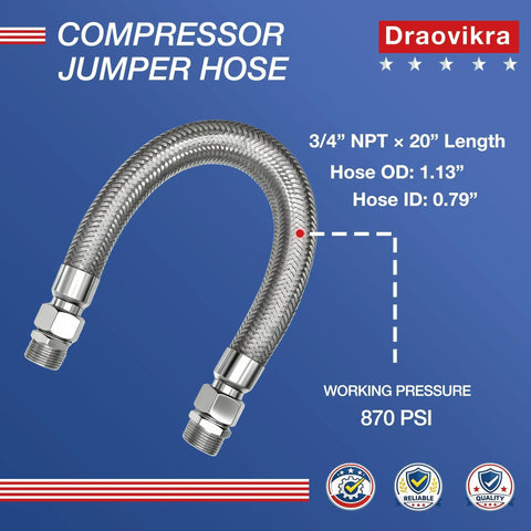Heavy Duty 3/4 Inch Jumper Hose For Air Compressor 20 Inches Long With Swivel NPT To BSPP Adapter 870 PSI visible on blue background.