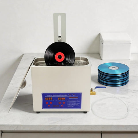 Pxolerig 6.5L Commercial Vinyl Record Cleaner With Adjustable Timer And Temp Control Digital Led Display with vinyl record in tank.