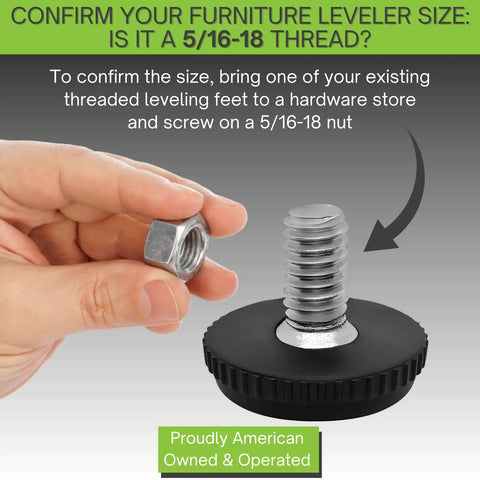 Stainless Steel Outdoor Furniture Levelers 5/16-18 Screw-In Adjustable Feet with nut comparison for size confirmation.