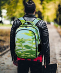 Dewy Mint White Flower Printed Unisex Backpack Dope With Large Capacity Durable Polyester worn by person in park
