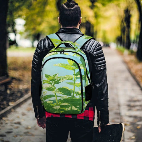 Dewy Mint White Flower Printed Unisex Backpack Dope With Large Capacity Durable Polyester worn by person in park