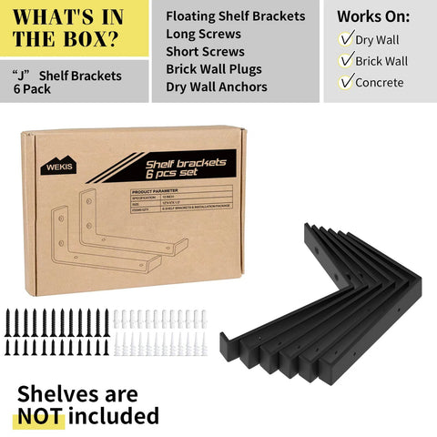 12 Inch Heavy Duty Floating Shelf Brackets Set of 6 Industrial Black Iron Wall Mounted Shelf Supports packaging with screws