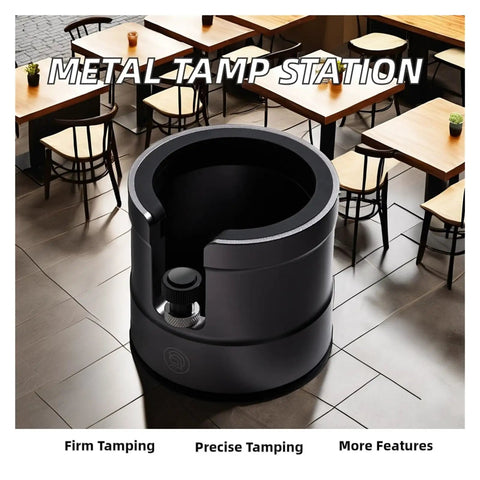 Adjustable Aluminum Alloy Espresso Portafilter Tamping Station Boss Level Holder close-up view on a cafe table for precise alignment.