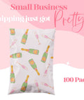 Designer Poly Mailers 6x9 Pink Champagne 100 Pack with champagne bottle and glass design, sleek and eye-catching.