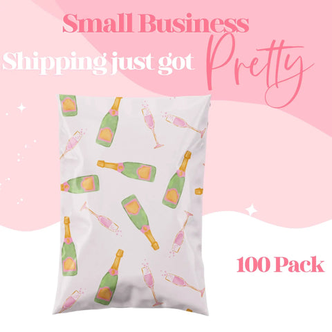 Designer Poly Mailers 6x9 Pink Champagne 100 Pack with champagne bottle and glass design, sleek and eye-catching.