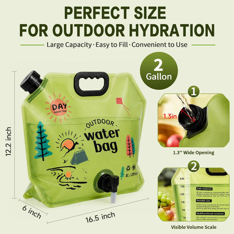 2 Gallon Collapsible Camping Water Container With Spout, Leakproof Foldable Water Jug For Outdoor Hiking, labeled dimensions