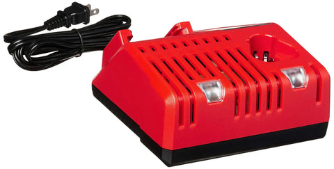 Red Lithium XC 5.0Ah Battery Pack Set Two Batteries And Multi Voltage M12 And M18 Charger Kit For Power Tools with charging unit.