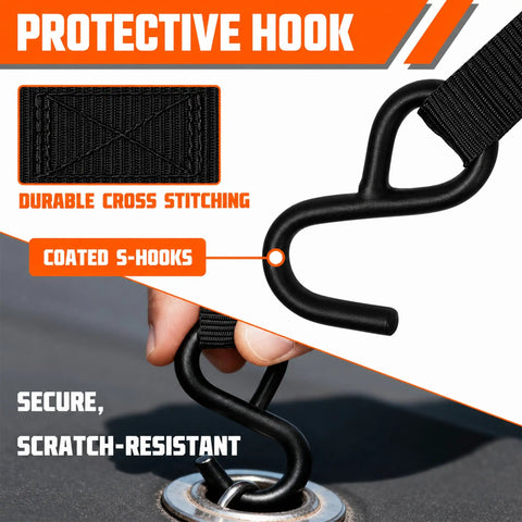 Heavy Duty Ratchet Tie Down Straps 1 Inch By 10 Feet 900 Lbs Break Strength 8 Pack Black Cargo Strap for protective hook close-up.