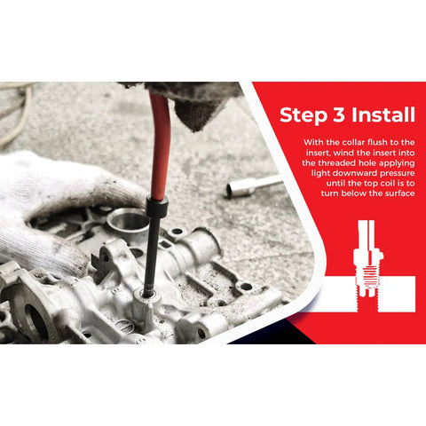M12x1.25 Thread Repair Kit For Damaged Threads, Heavy Duty Pro Grade Threaded Inserts With Drill Bit, Tap, Installation And Break Tools, Complete Auto And Engine Repair Set, Red installing insert in engine block