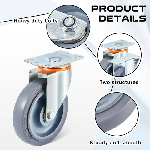 Five Inch Rubber Caster Wheels With Two Swivel And Two Rigid Rollers Non Marking Silent Drive showing heavy duty bolts and smooth surface.