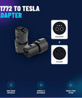 No Sweat Compact J1772 To Tesla Charging Adapter showing Tesla output and J1772 input for easy compatibility.