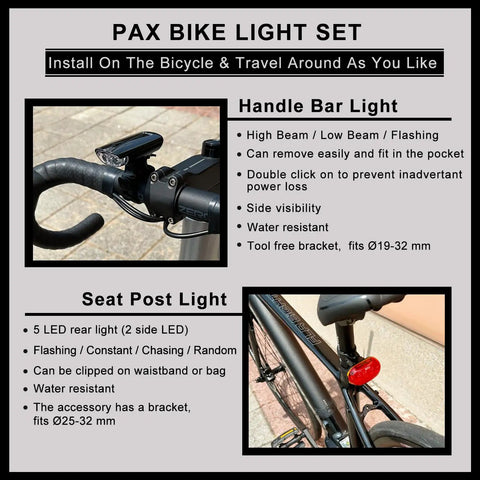 Beefed Up Super Bright Bike Light Set With Front And Rear Lights, Water Resistant, Easy Install, shown on handlebars and seat post