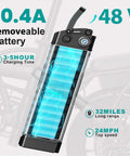 Foldable Ebike For Adults And Teens, City Commuter with detailed view of 48V 10Ah removable battery and performance highlights