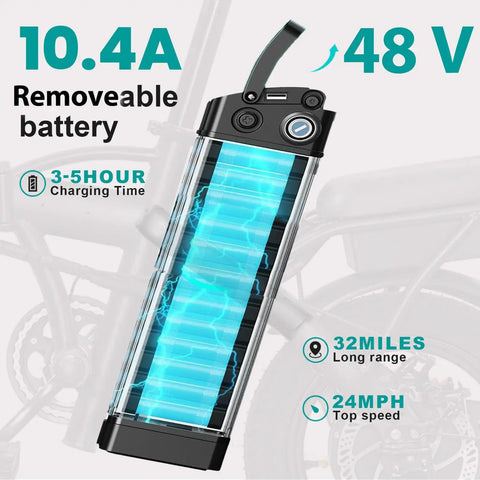 Foldable Ebike For Adults And Teens, City Commuter with detailed view of 48V 10Ah removable battery and performance highlights