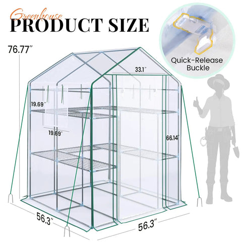 Walk In Outdoor Greenhouse With Thickened Cover And Reinforced Frame, Screen Windows And Mesh Door, 56 By 56 By 77 Inches, Three Tiers And Fourteen Shelves For Seedlings, Easy Access For Gardeners