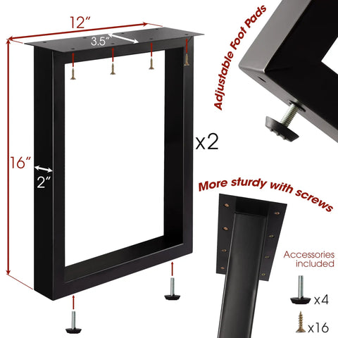 Diagram of 16 Inch Beefy Metal Table Legs Set Of 2 Black Rectangular Furniture Legs For Bench And Coffee Table DIY Projects Includes Screws And Floor Protectors Supports Up To 1000 Lbs, showing dimensions and accessories.