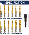 13 Piece Combination Tap Set With HSS Titanium Coated Threading Taps, SAE And Metric Sizes, 1 Quarter Inch Hex Shank, dimensions shown