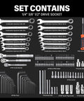 Beefy All In One Heavy Duty 264 Piece Mechanics Tool Set With SAE And Metric Sockets Drive Sizes One Half Inch One Quarter Inch And Three Eighths Inch Deep And Shallow Sockets CR-V Steel 90 Tooth Ratchet Extension Bar Universal Joint Molded Case layout