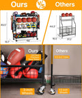 All-In-One Garage Sports Organizer With Rolling Wheels comparison showing 0.8-inch tubes, 3-inch wheels, and gear storage.