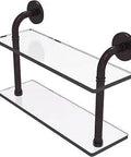 Remi Collection 16 Inch Two Tier Glass Shelf in Antique Bronze, Solid Brass Construction, 3/8 Inch Tempered Glass, Concealed Mounting Hardware